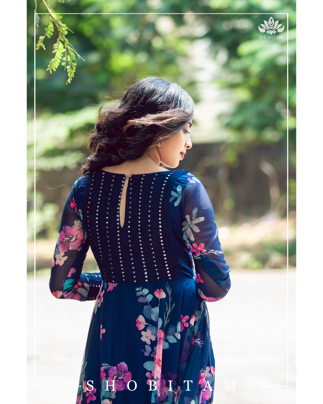 Floral Organza Navy Gown with foil mirror detailing on yoke | Made To Order