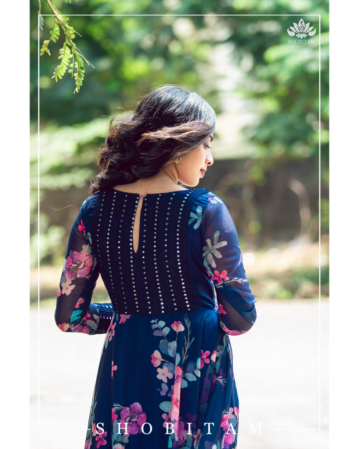 Floral Organza Navy Gown with foil mirror detailing on yoke | Made To Order