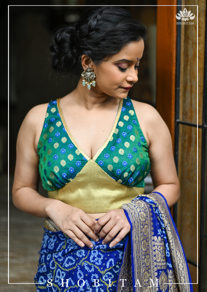 Dark Teal Saree Blouse with buttas and contrasting Gold base