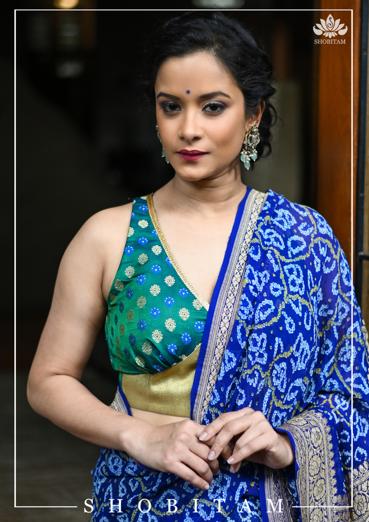 Dark Teal Saree Blouse with buttas and contrasting Gold base