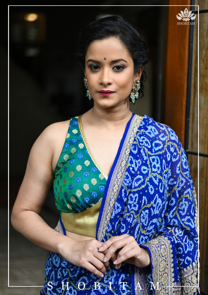 Dark Teal Saree Blouse with buttas and contrasting Gold base