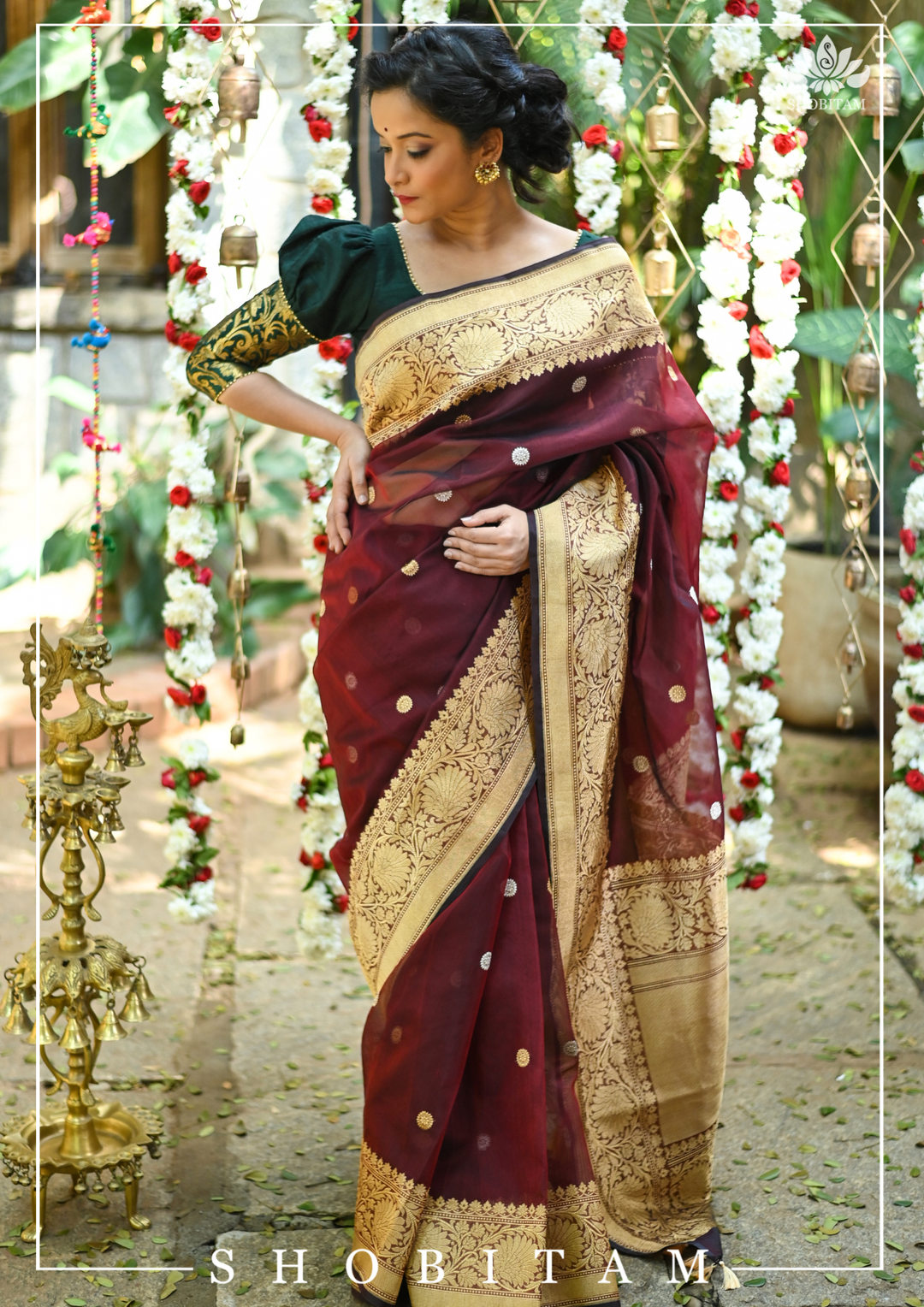 Pure Kora Silk Banarasi Saree in Maroon Dual Tone with Kadhuwa weave zari buttas | SILK MARK CERTIFIED