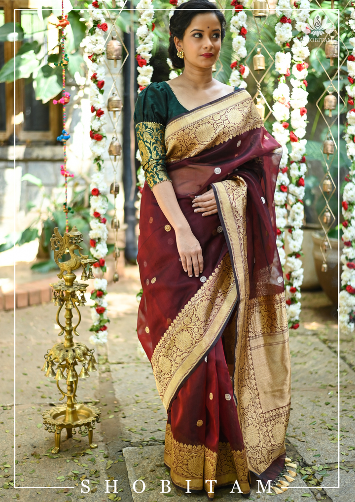 Pure Kora Silk Banarasi Saree in Maroon Dual Tone with Kadhuwa weave zari buttas | SILK MARK CERTIFIED