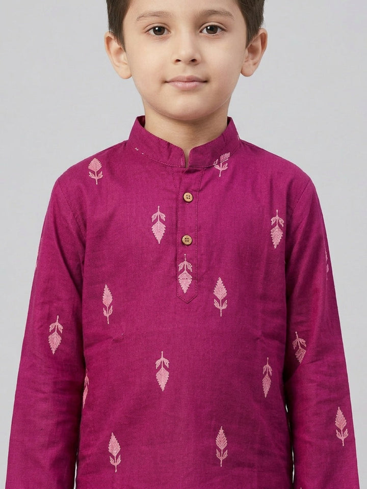 Boys Maroon Cotton Kurta Set with Front Placket Detail | SHOBITAM
