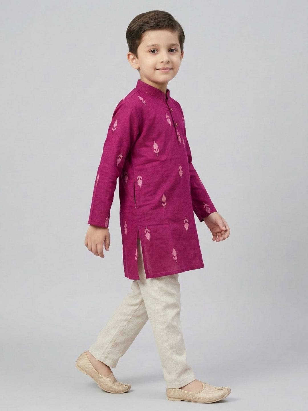 Boys Maroon Cotton Kurta Set with Front Placket Detail | SHOBITAM