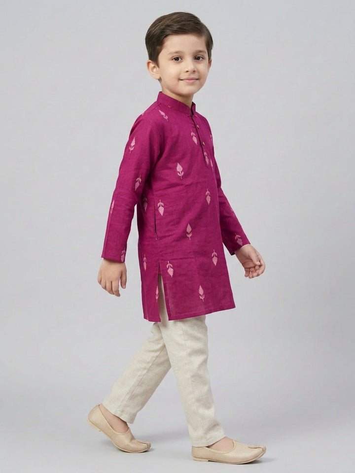 Boys Maroon Cotton Kurta Set with Front Placket Detail | SHOBITAM