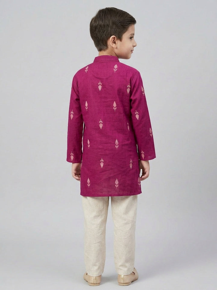 Boys Maroon Cotton Kurta Set with Front Placket Detail | SHOBITAM