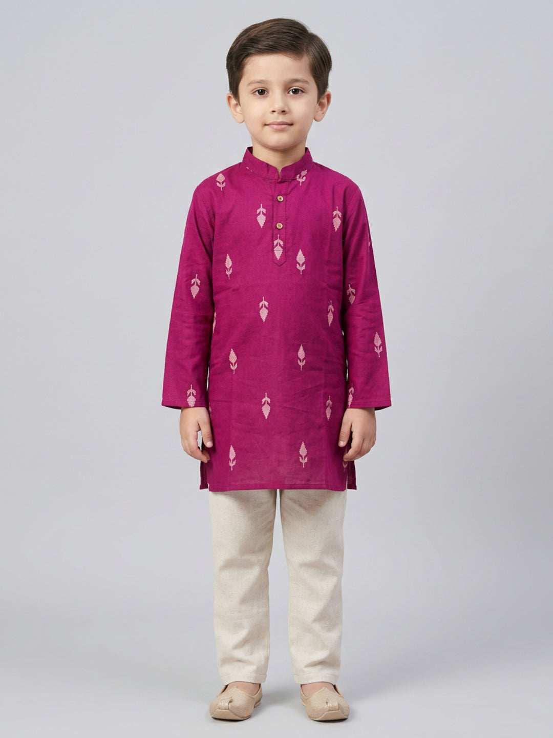 Boys Maroon Cotton Kurta Set with Front Placket Detail | SHOBITAM