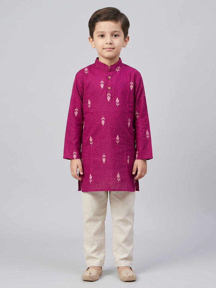 Boys Maroon Cotton Kurta Set with Front Placket Detail | SHOBITAM