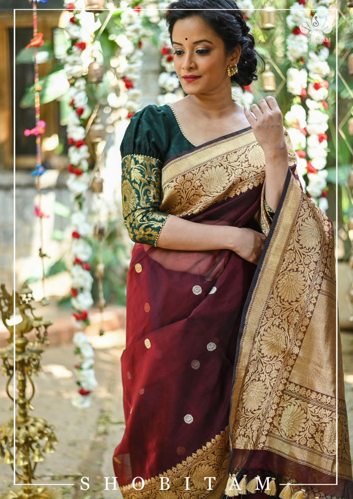 Pure Kora Silk Banarasi Saree in Maroon Dual Tone with Kadhuwa weave zari buttas | SILK MARK CERTIFIED