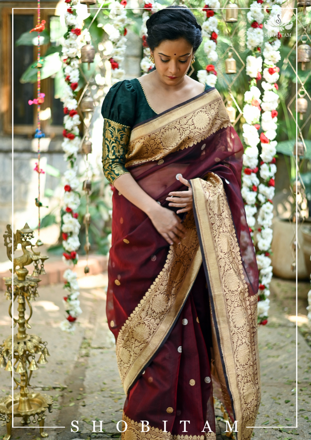 Pure Kora Silk Banarasi Saree in Maroon Dual Tone with Kadhuwa weave zari buttas | SILK MARK CERTIFIED