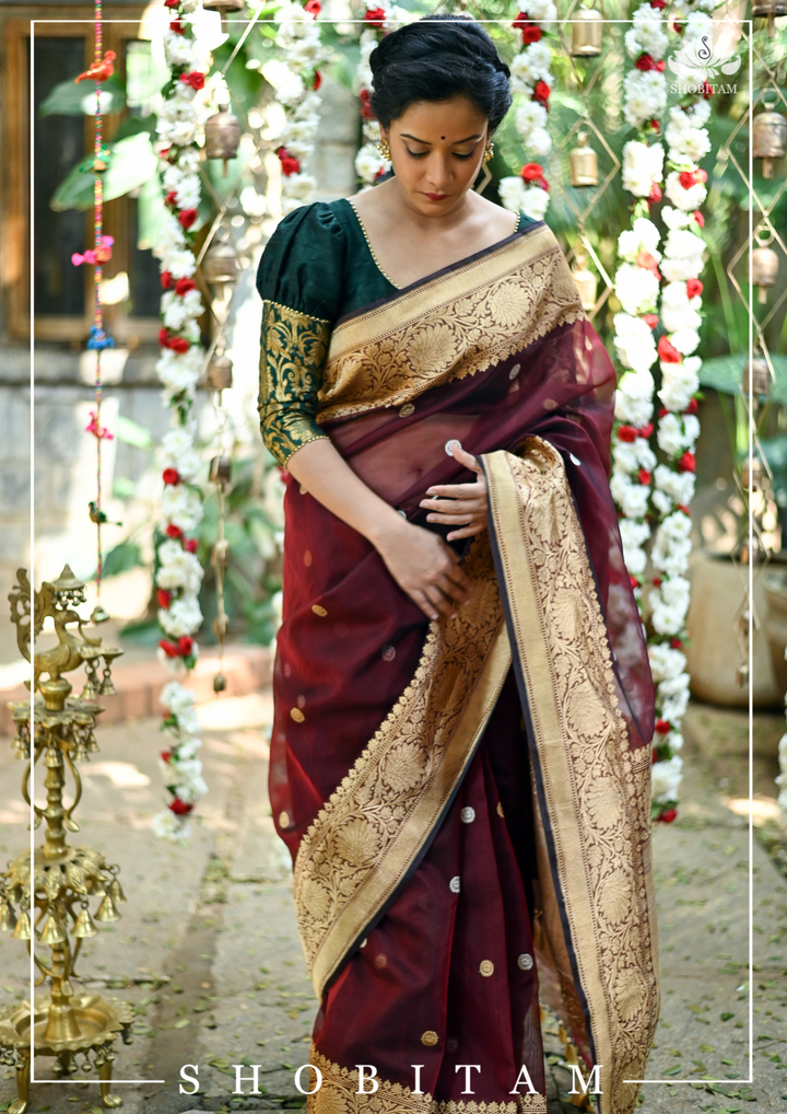 Pure Kora Silk Banarasi Saree in Maroon Dual Tone with Kadhuwa weave zari buttas | SILK MARK CERTIFIED