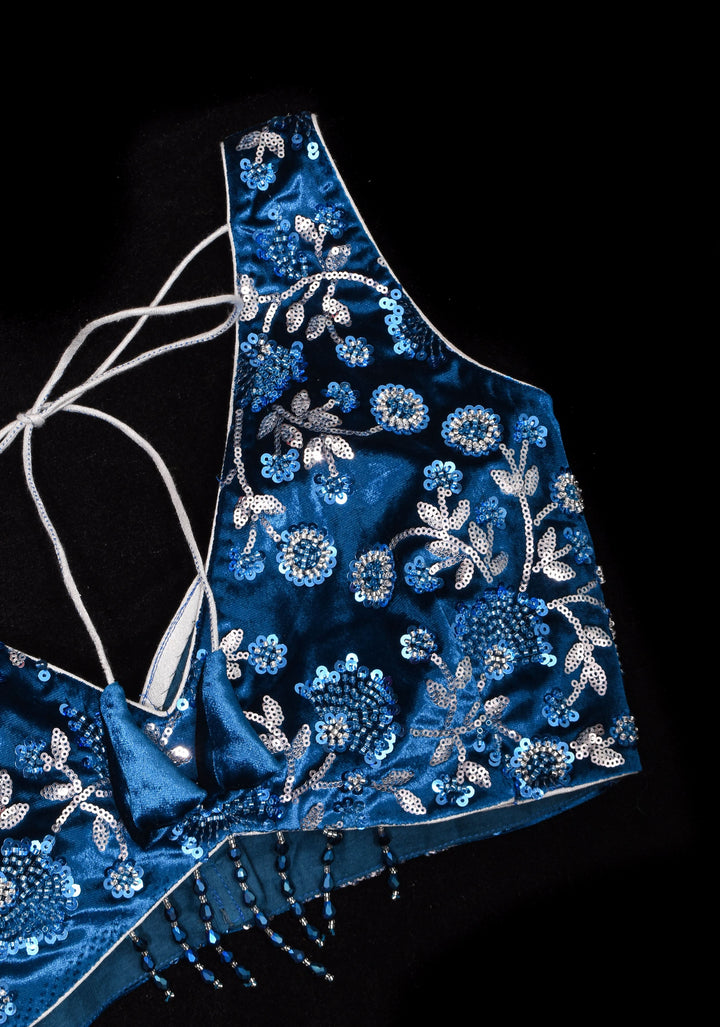 Cobalt Blue Velvet floral embroidery and  sequins sleeveless blouse with blue dangling beads at the back