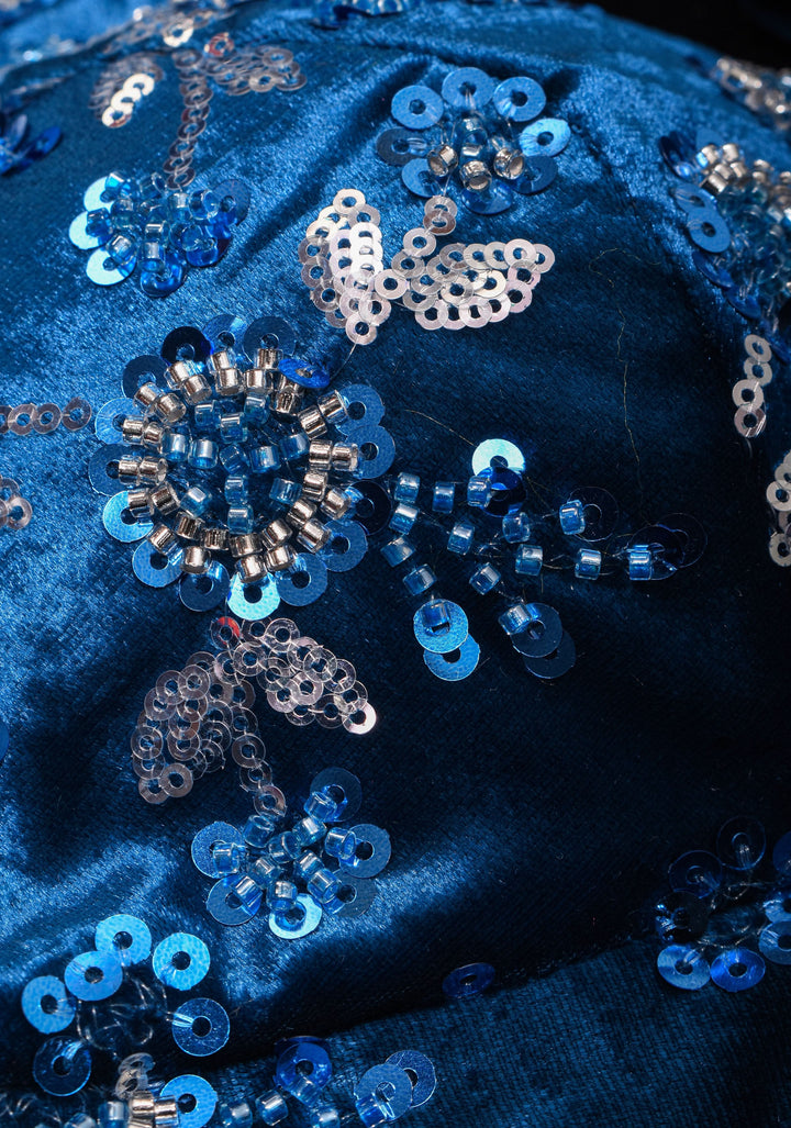 Cobalt Blue Velvet floral embroidery and  sequins sleeveless blouse with blue dangling beads at the back