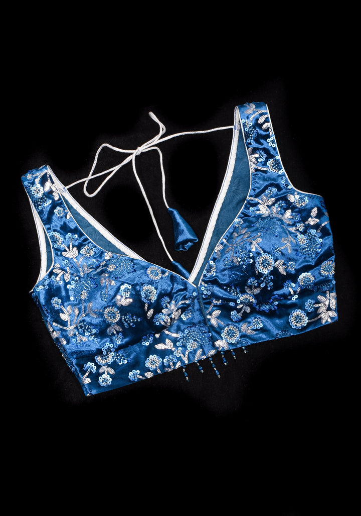 Cobalt Blue Velvet floral embroidery and  sequins sleeveless blouse with blue dangling beads at the back
