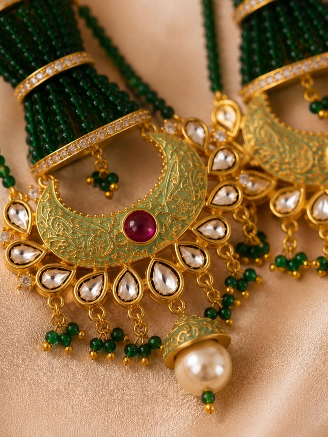 Green Kundan Chandbali Earrings – Wedding Wear | SHOBITAM