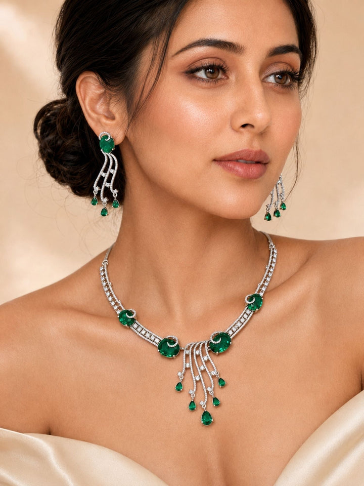 Silver Tone Cz Ruby Emerald and American Diamond Necklace Set | SHOBITAM