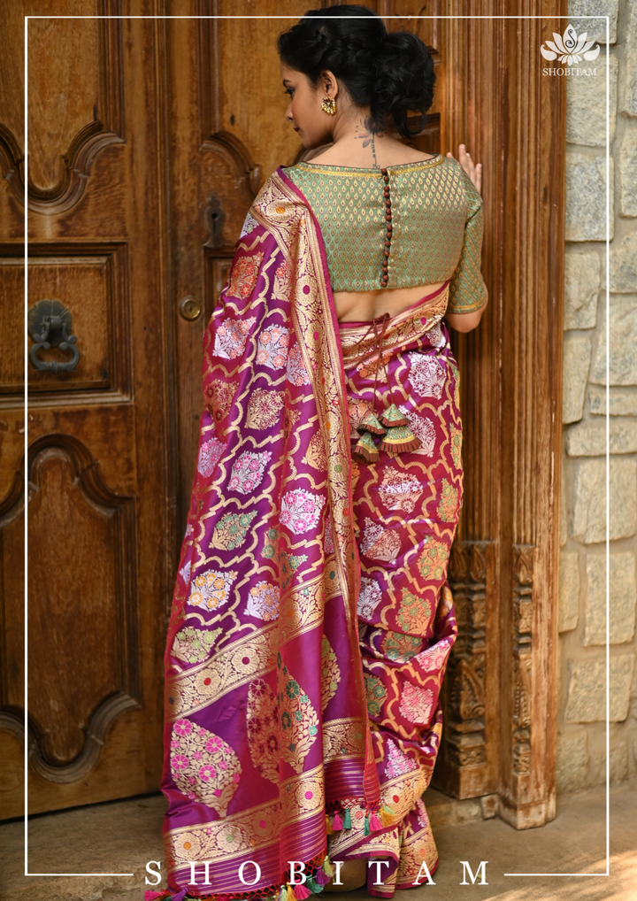 Authentic Kadhuwa Jungla Multi-color Meenakari Jaal Banarasi Silk Saree in Plum with Grand Pallu and Zari  | SILK MARK CERTIFIED