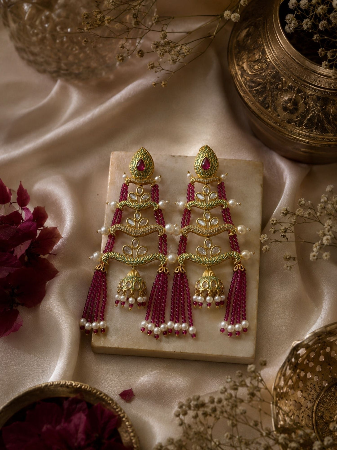 Royal Pink Beaded Jhumka Tassel Earrings – Traditional Kundan Statement Earrings | SHOBITAM