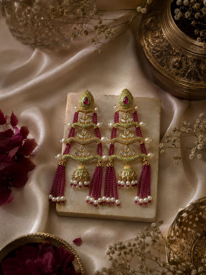 Royal Pink Beaded Jhumka Tassel Earrings – Traditional Kundan Statement Earrings | SHOBITAM