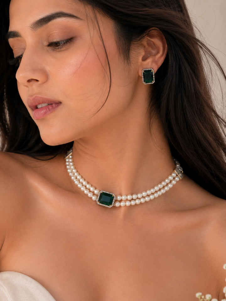 Minimal Oxidised Gold Emerald Pearl Choker Set | SHOBITAM