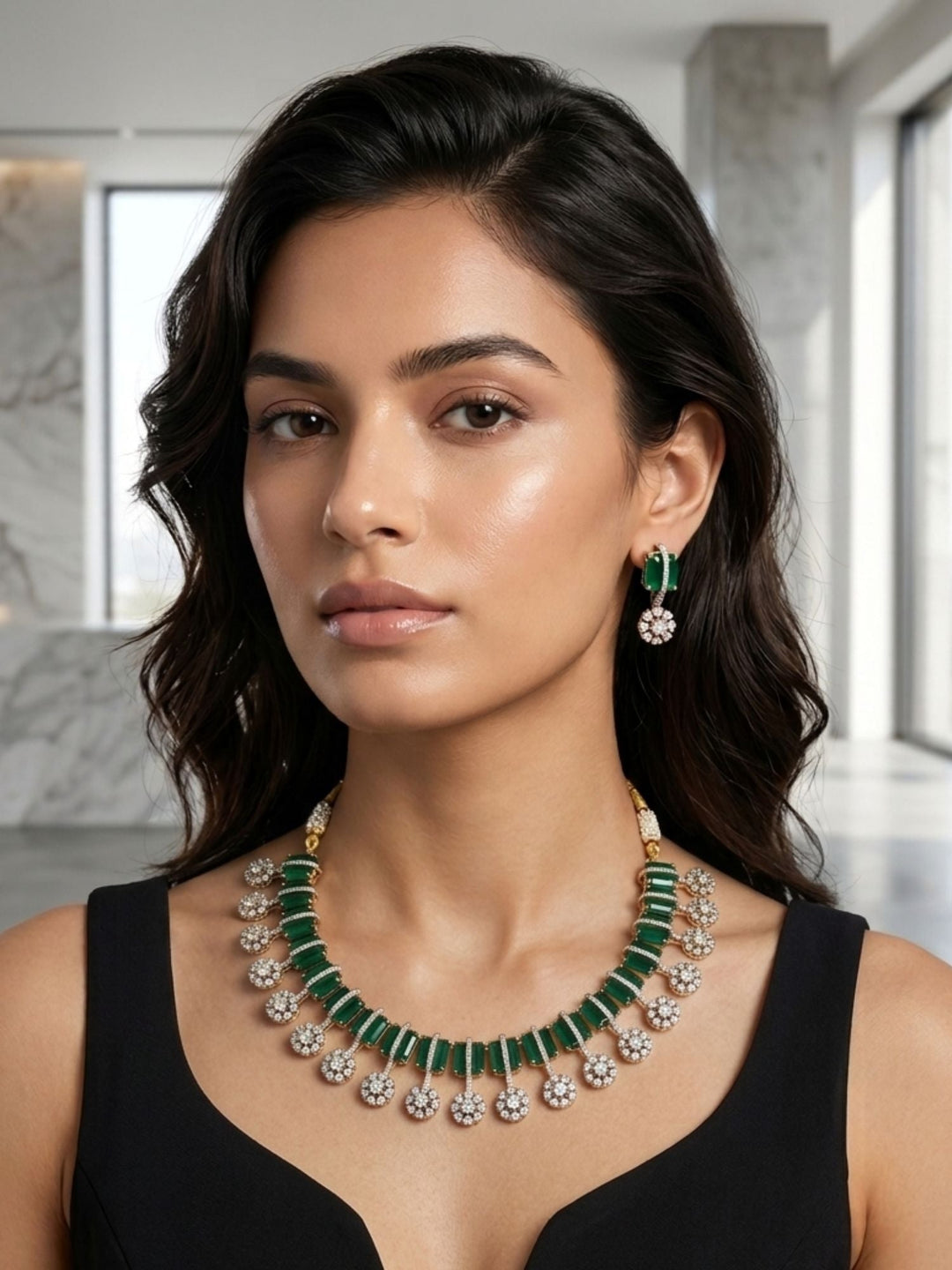 Victorian Emerald Green Necklace Set with Earrings | SHOBITAM