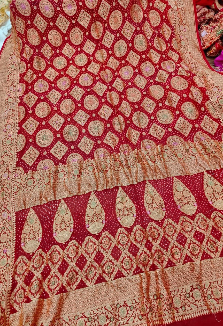 Red Authentic Meenakari  Bandhni Silk Georgette Saree with mandala and Rhombus Motifs Zari Border | SILK MARK CERTIFIED
