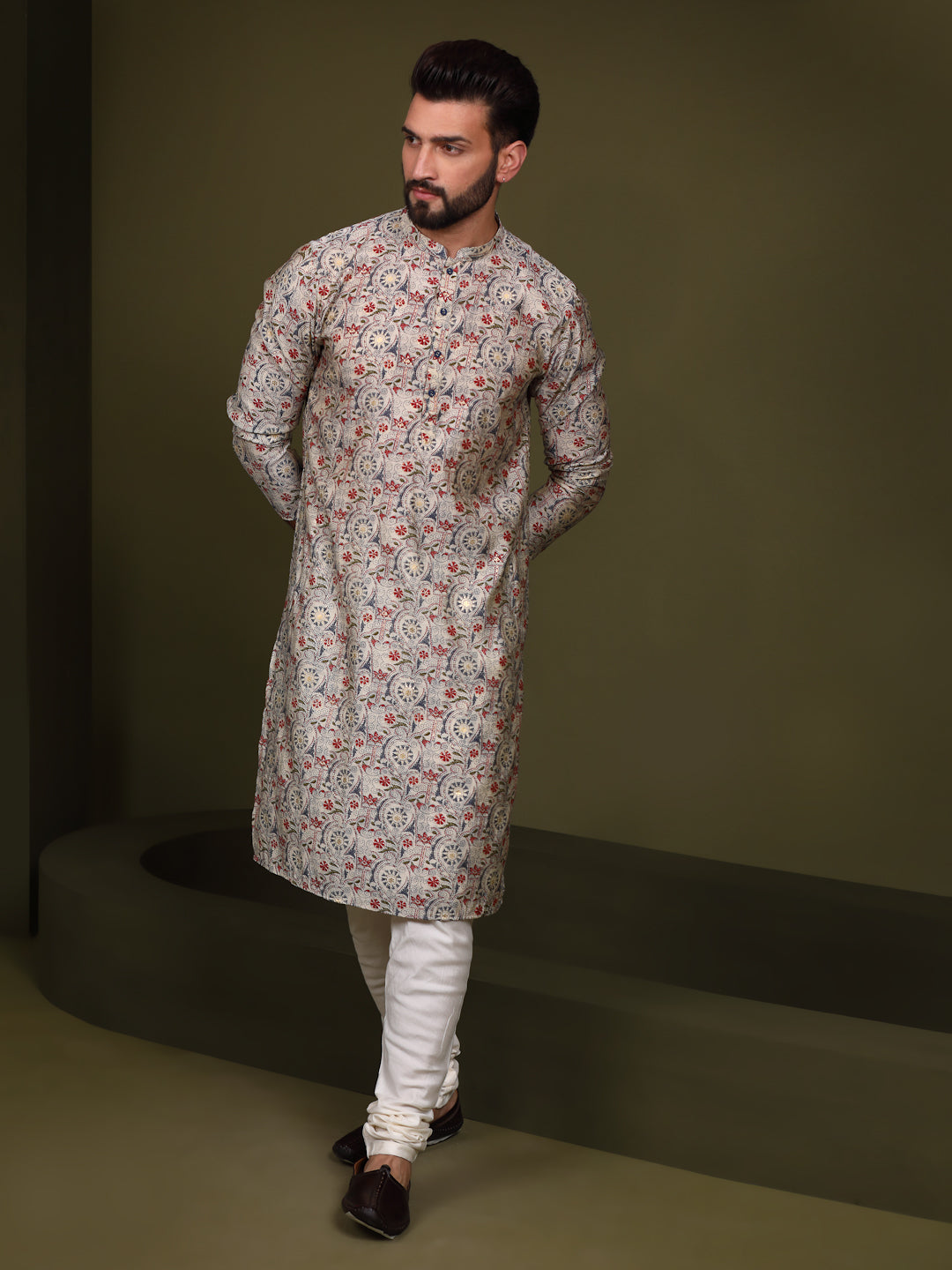 Cream Cotton Printed Kurta Churidar Set | SHOBITAM