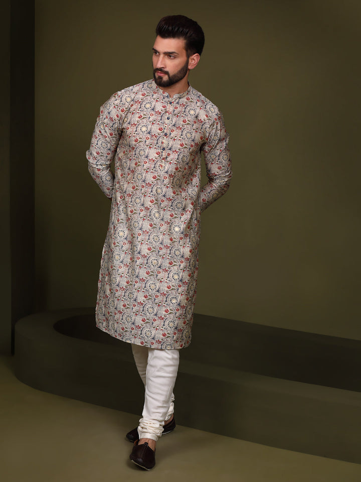 Cream Cotton Printed Kurta Churidar Set | SHOBITAM