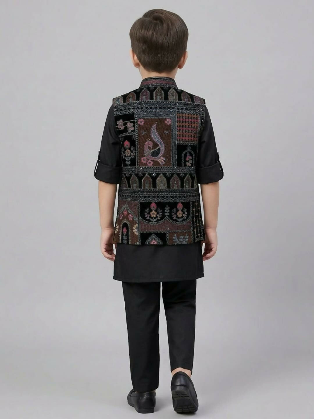 Boys Black Kurta Pajama Set with Printed Nehru Jacket | SHOBITAM