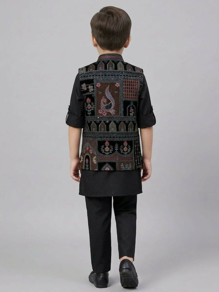 Boys Black Kurta Pajama Set with Printed Nehru Jacket | SHOBITAM