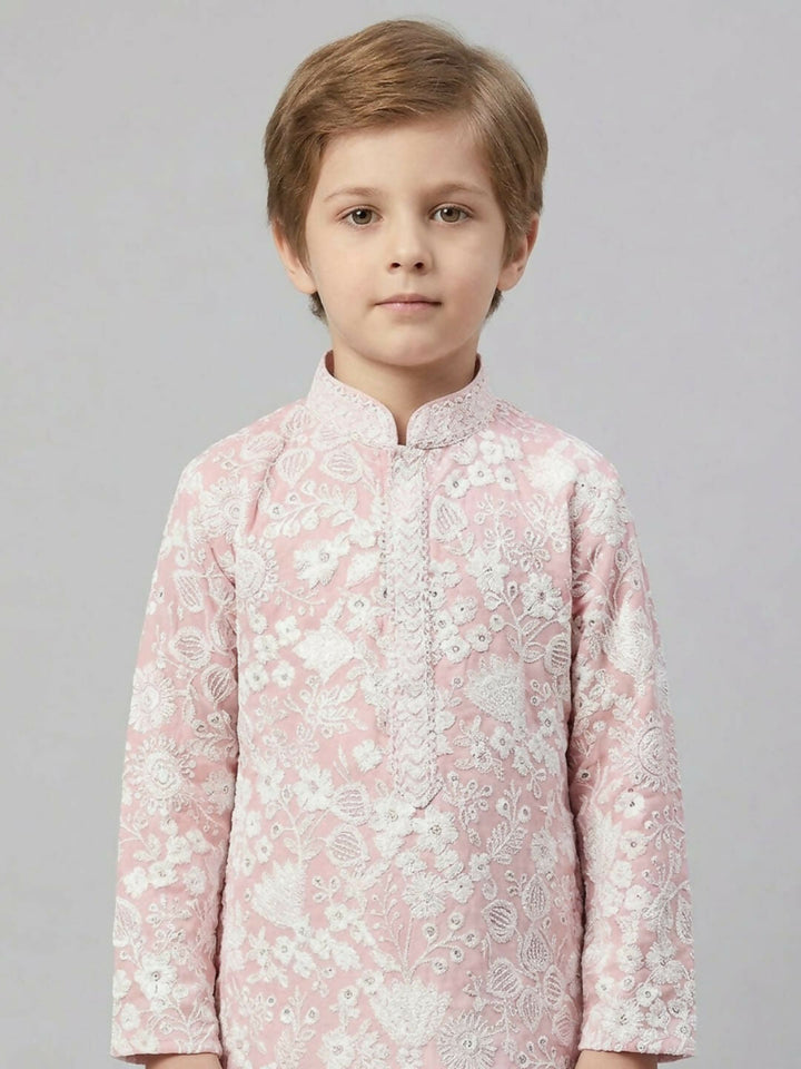 Boys Embroidered Light Pink Kurta Pajama Set | SHOBITAM