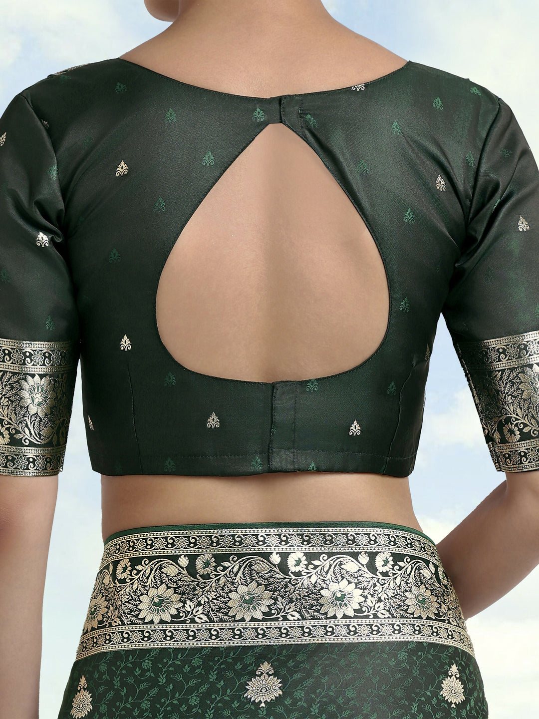 Dark Green Banarasi Satin Silk Saree | SHOBITAM
