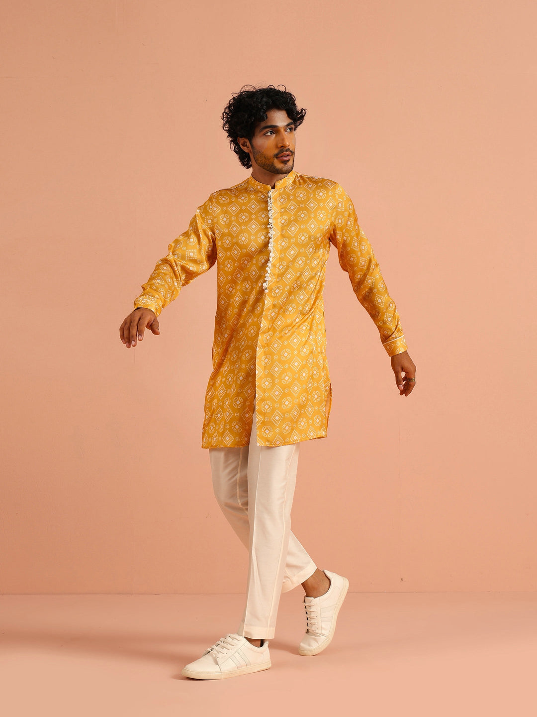 Polyviscose Mustard Bandhani Printed Mid Kurta | SHOBITAM