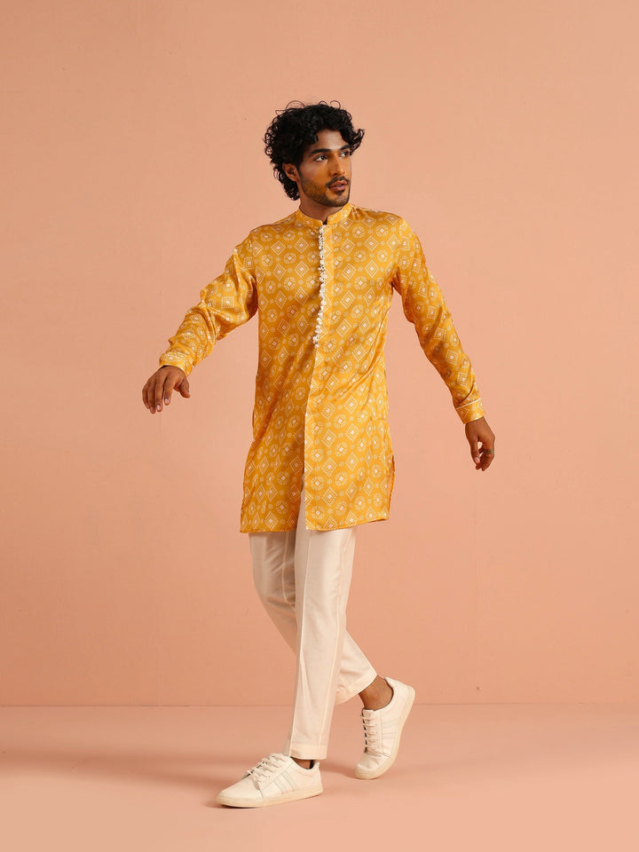 Polyviscose Mustard Bandhani Printed Mid Kurta | SHOBITAM