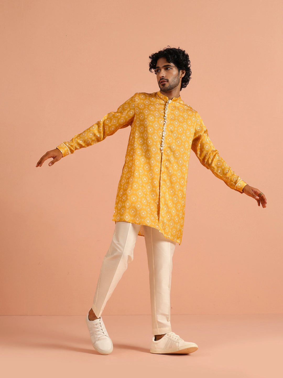 Polyviscose Mustard Bandhani Printed Mid Kurta | SHOBITAM