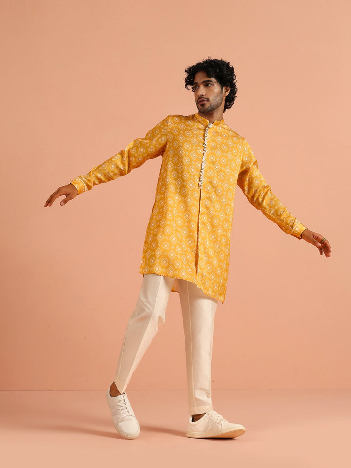 Polyviscose Mustard Bandhani Printed Mid Kurta | SHOBITAM