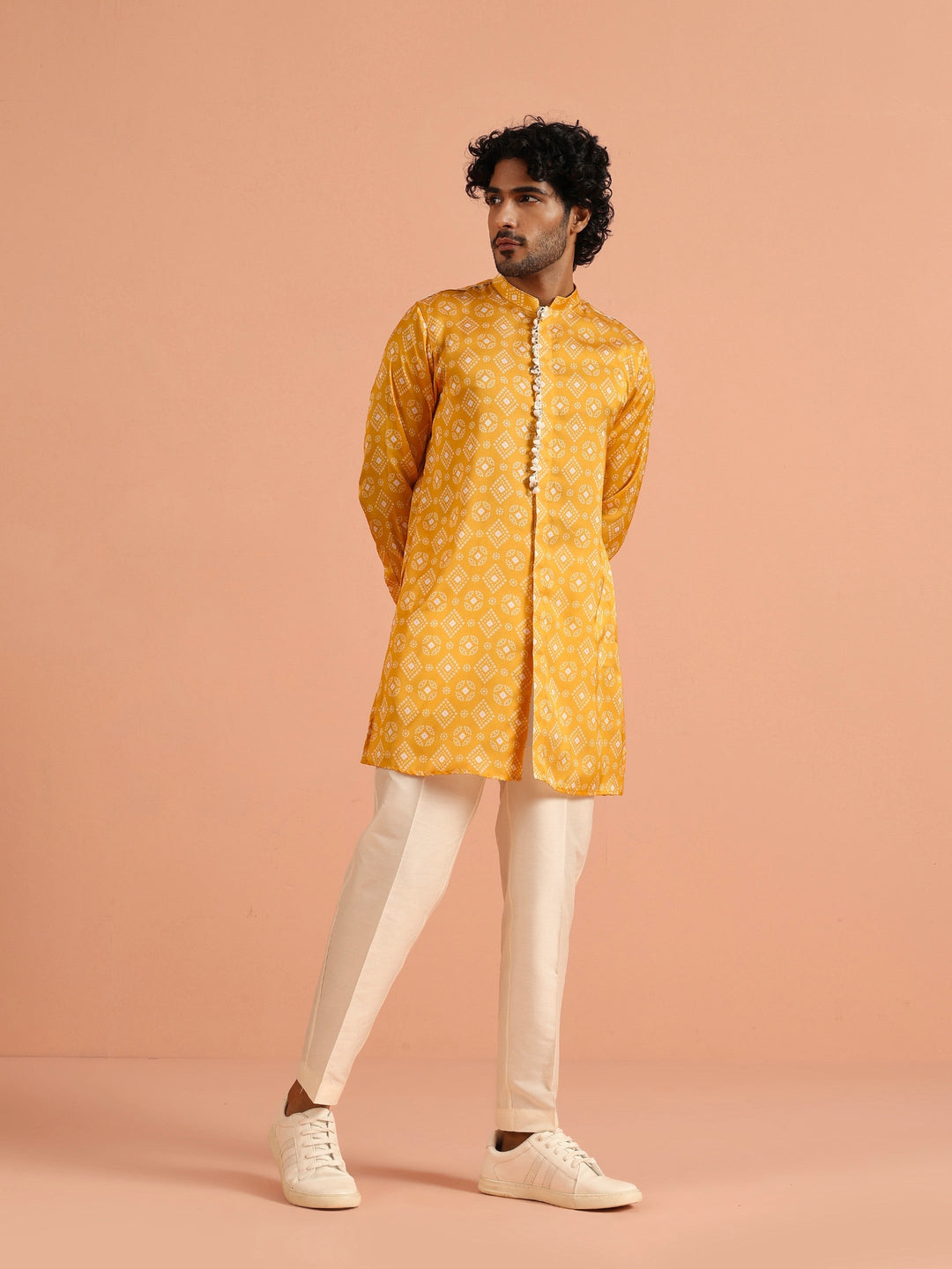 Polyviscose Mustard Bandhani Printed Mid Kurta | SHOBITAM