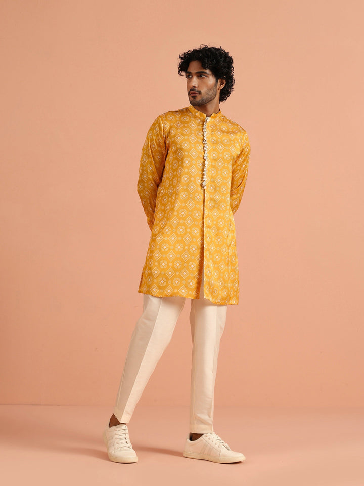 Polyviscose Mustard Bandhani Printed Mid Kurta | SHOBITAM