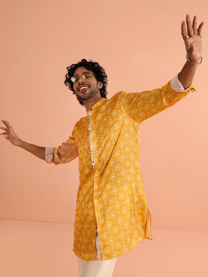 Polyviscose Mustard Bandhani Printed Mid Kurta | SHOBITAM