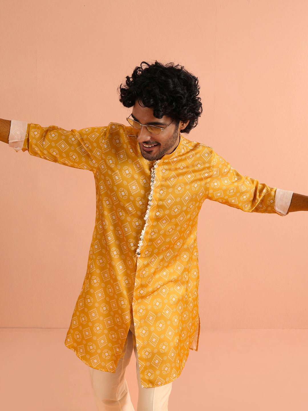 Polyviscose Mustard Bandhani Printed Mid Kurta | SHOBITAM
