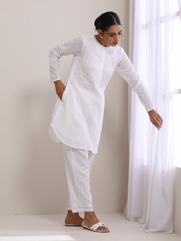 White Dobby Front Placket Co-Ord Set  | SHOBITAM