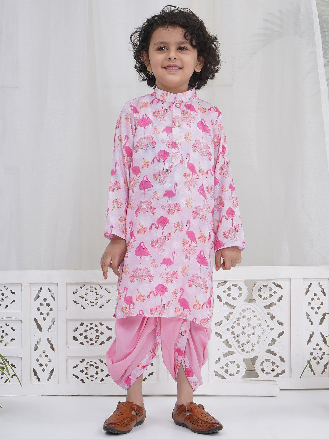 Boys Pink Muslin Flamingo Dhoti Kurta Set | SHOBITAM