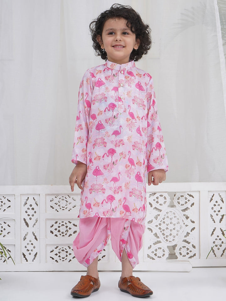 Boys Pink Muslin Flamingo Dhoti Kurta Set | SHOBITAM