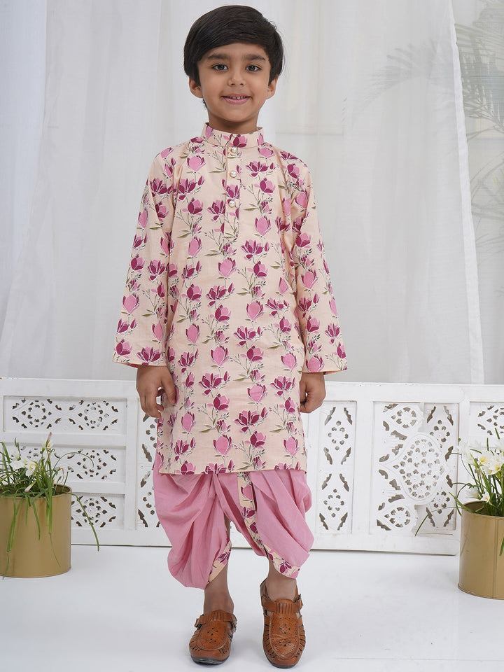 Boys Peach Cotton Lotus Dhoti Kurta Set | SHOBITAM