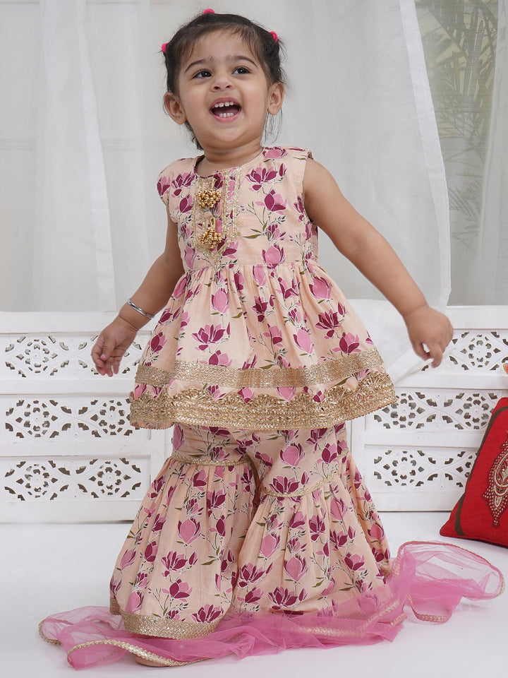 Girls Peach Cotton Lotus Lacework Kurta Sharara Set with Dupatta | SHOBITAM