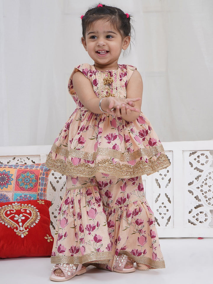 Girls Peach Cotton Lotus Lacework Kurta Sharara Set with Dupatta | SHOBITAM