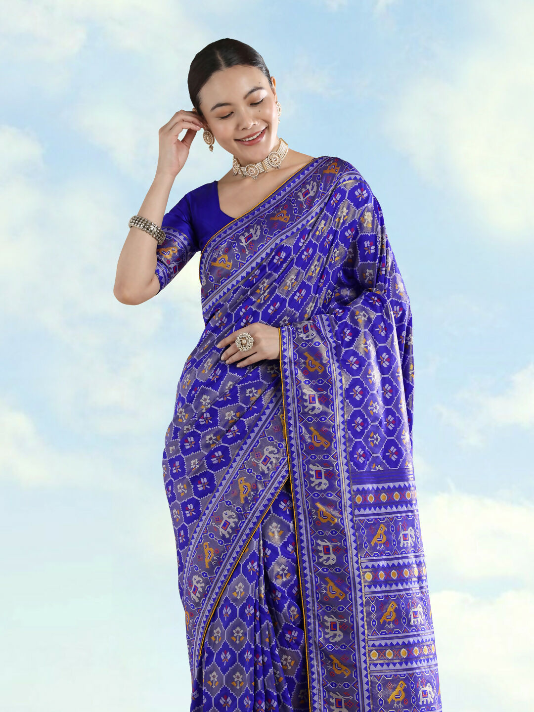 Navy Blue Semi Banarasi Satin Silk Saree With Patola Work | SHOBITAM
