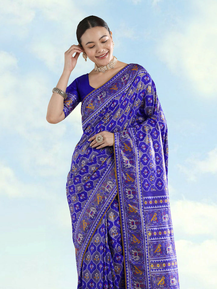 Navy Blue Semi Banarasi Satin Silk Saree With Patola Work | SHOBITAM