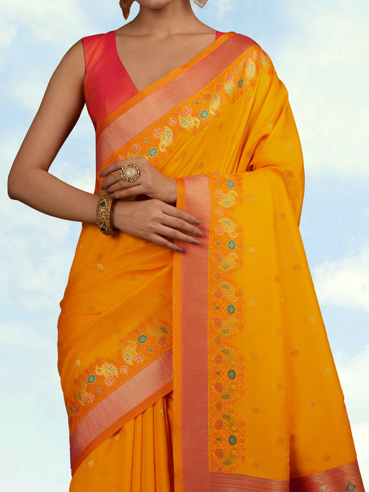 Yellow Banarasi Silk Blend Saree | SHOBITAM